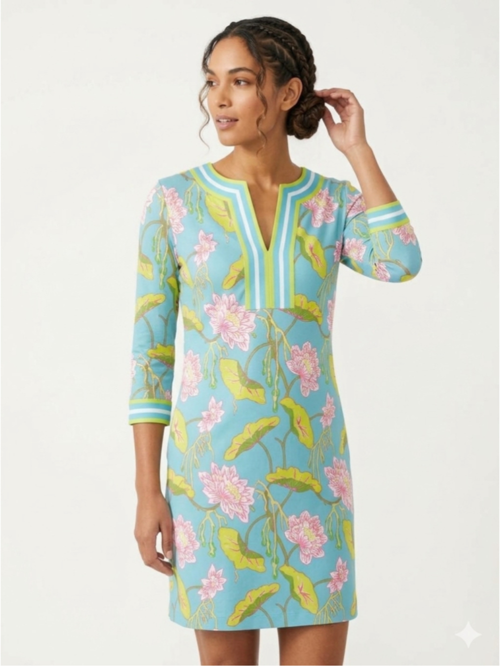 Gretchen Scott Blue Pink Lotus Full Bloom Jersey Split Neck Dress Small - 932